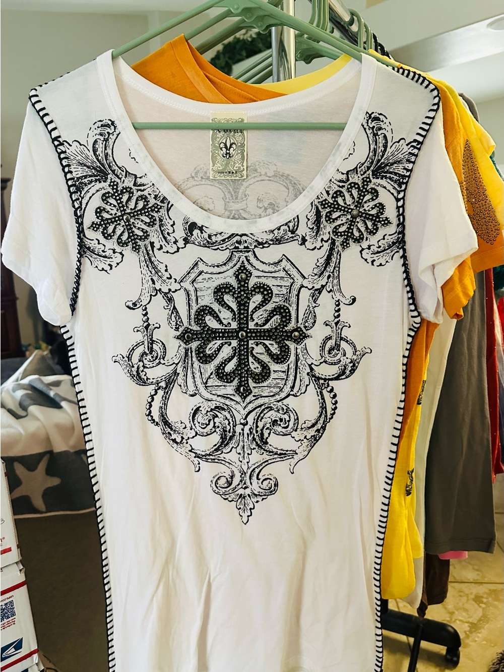 White Embellished Graphic Scoop Neck Women's Top by Vocal